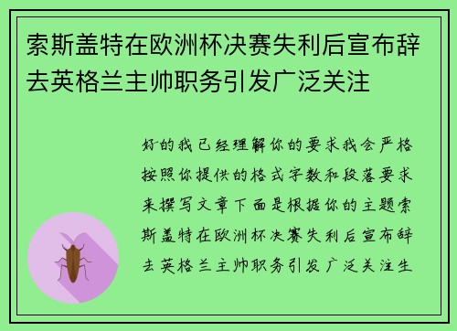 索斯盖特在欧洲杯决赛失利后宣布辞去英格兰主帅职务引发广泛关注