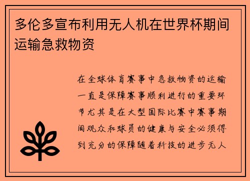 多伦多宣布利用无人机在世界杯期间运输急救物资 多伦多宣布利用无人机在世界杯期间运输急救物资
